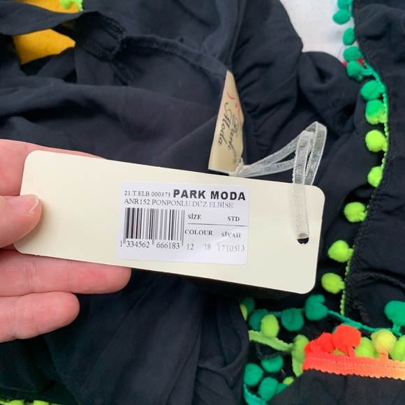 Neon PomPom Trim Black Swing Dress - Picture 9 of 10